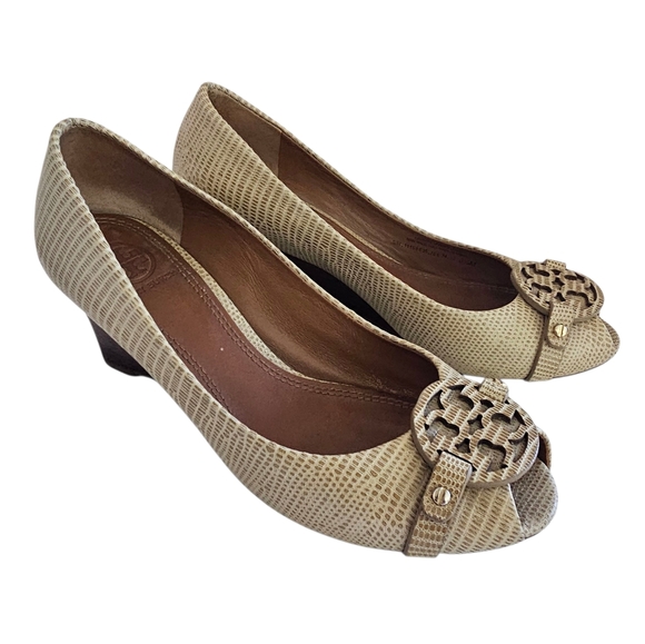 Tory Burch Shoes - Tory Burch Navy Cream Lizard Embossed Leather Wedge Peep Toe Shoes Size 6.5M